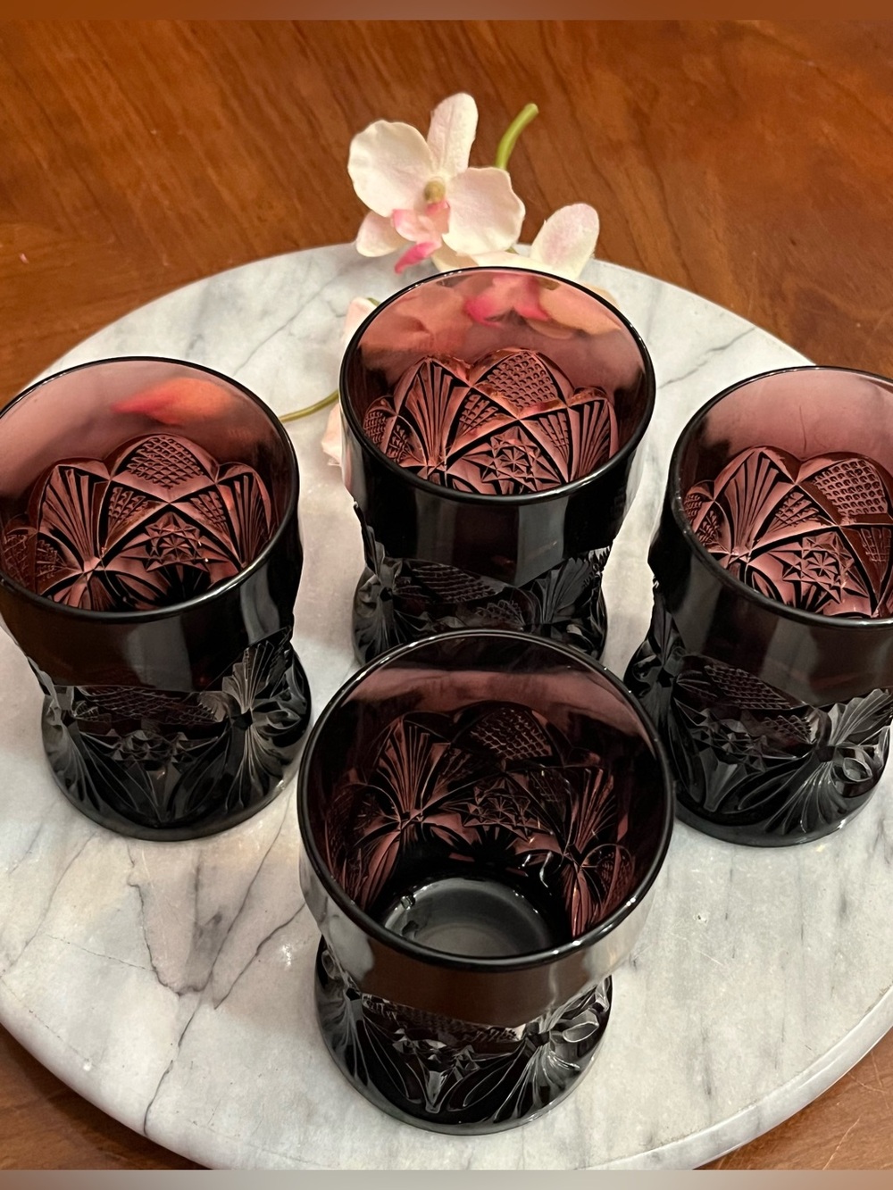 Set of 4 Vintage Mosser Amethyst Glass Tumblers - Diamonds and Stars Pattern
